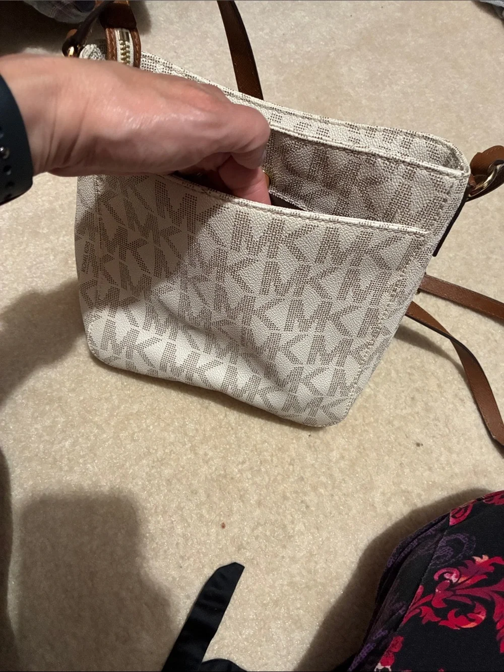 Michael Kors White & Brown Logo Crossbody with Gold-Tone Lock